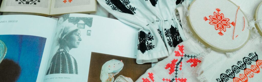 A display of embroidery collected by RCCT